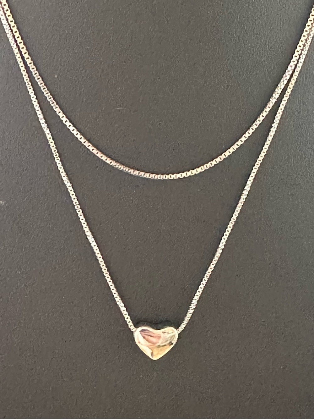 Silver Tone Double Layer Heart Pendant Necklace Box Chain Adjustable